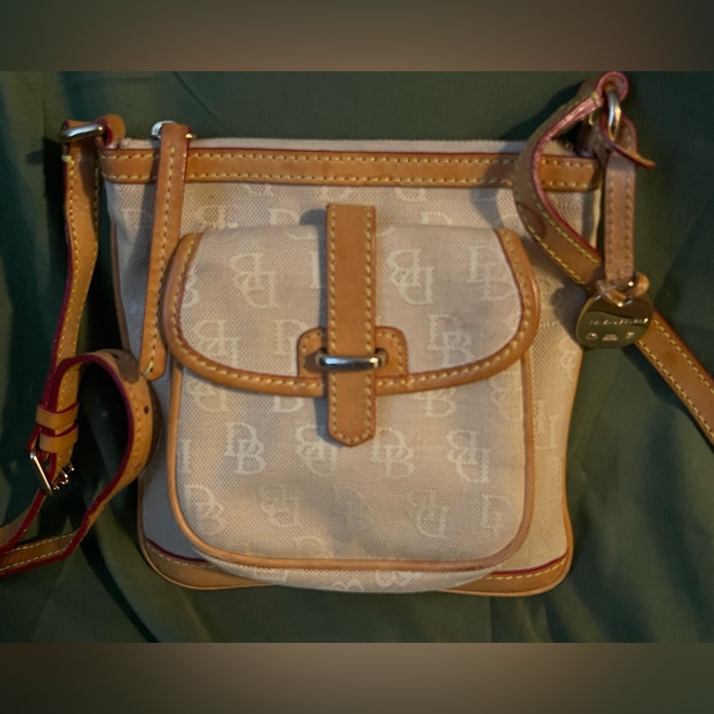 Dooney and Bourke Jacquard Signature Canvas Letter Carrier Crossbody Bag in Tan